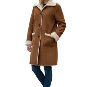 Lands' End Women's Coat Brown Teddy Jacket Cream Trim Size Large